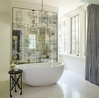 Light antique mirror tiles custom cut for luxury kitchen design